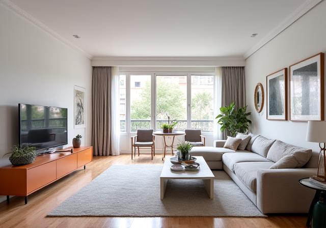 Salón moderno y luminoso en el mismo piso del Eixample después de la reforma.
