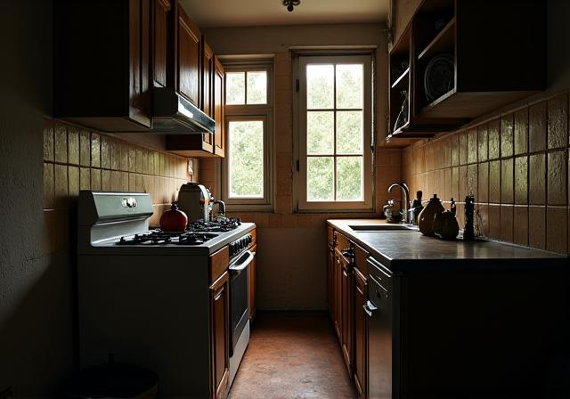 Cocina pequeña y oscura en un ático de Gràcia.