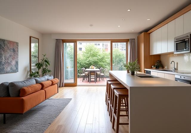 Cocina abierta, luminosa y funcional integrada con el salón en el ático de Gràcia.