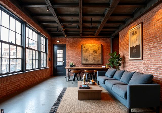 Loft de estilo industrial con ladrillo visto y vigas de metal después de la reforma.