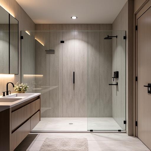 Baño elegante con ducha a ras de suelo y azulejos de gran formato.