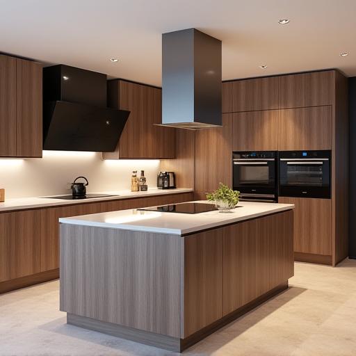 Cocina moderna con isla central, acabados en madera y electrodomésticos integrados.